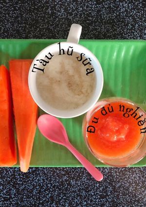 Hình của món Ăn dặm - Bữa phụ- Đu đủ nghiền, tàu hũ sữa.