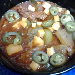 Bacon, sausage, and green tomato chili A picture of Bacon, sausage, and green tomato chili.