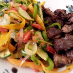 Pan fried beef and steamed vegetables A picture of Pan fried beef and steamed vegetables.