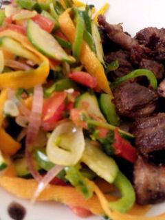 A picture of Pan fried beef and steamed vegetables.