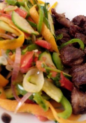 A picture of Pan fried beef and steamed vegetables.