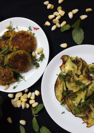 A picture of Italian marinated zucchini with broccoli cheese pattice.