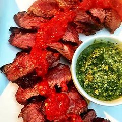 A picture of Grilled Wagyu Hanger Steak Marinated in Harissa Paste.