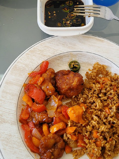 A picture of Chinese Sweet and Sour Chicken with Rice.