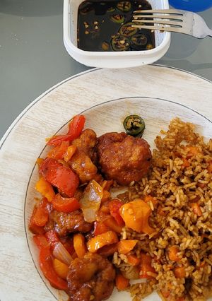A picture of Chinese Sweet and Sour Chicken with Rice.