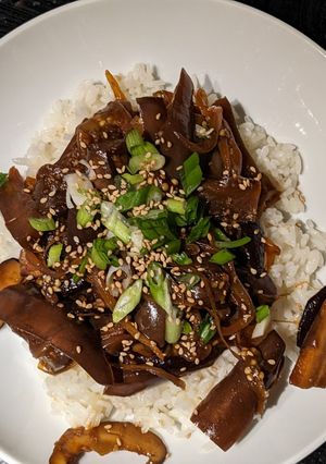 A picture of Teriyaki Eggplant & Mushroom Don.