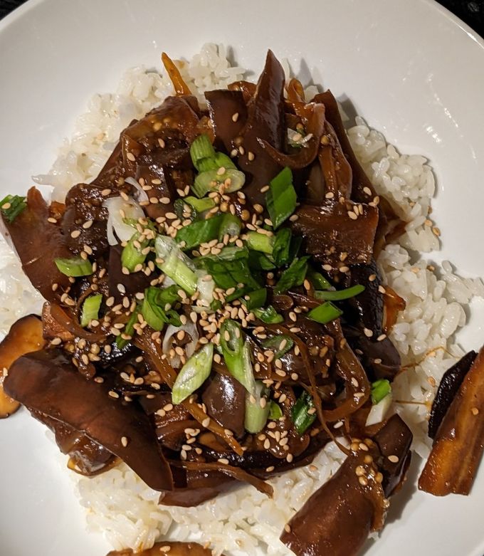 A picture of Teriyaki Eggplant & Mushroom Don.