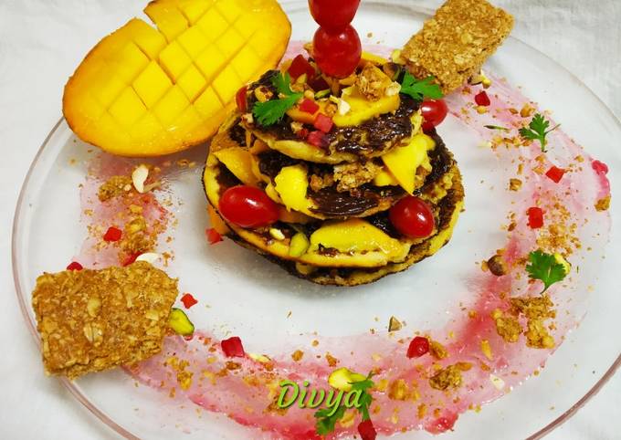 Granola bar choco filled mango pancakes Recipe