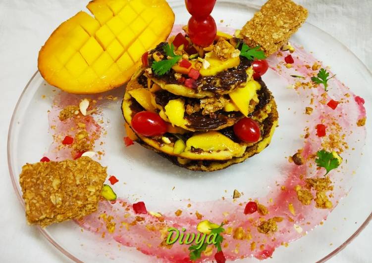 Recipe of Favorite Granola bar choco filled mango pancakes