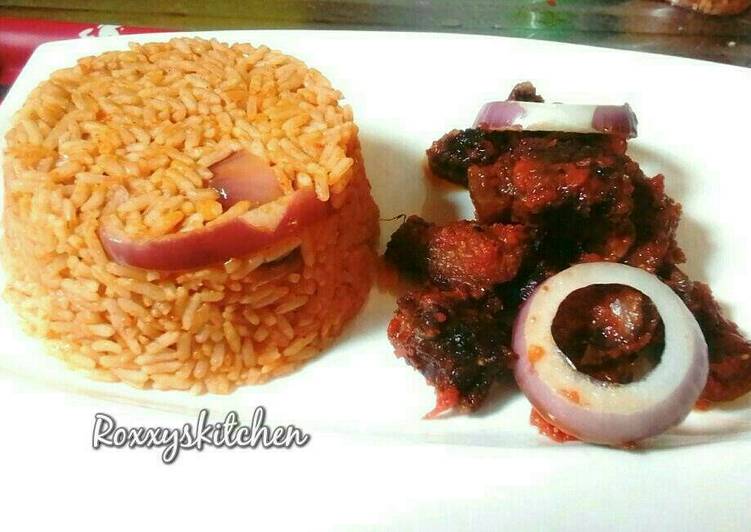 Recipe of Homemade Jollof rice served with peppered beef