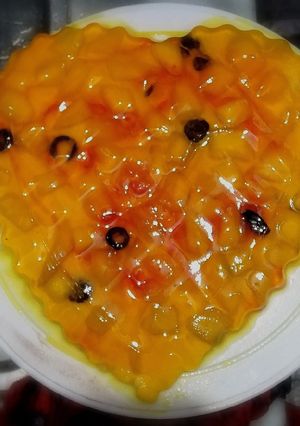 A picture of Mango Custard with Mango Jelly Frosting.