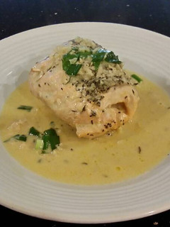 A picture of Salmon Fillets Cordon Bleu In a Lemon/ Lime Butter Sauce.