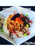 Pulled Pork with Lemon+Chilli Pepper+Red Onions Rice.Garnish-Salty Grated Carrots+Scallions
