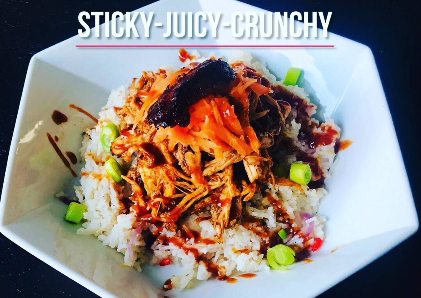 Pulled Pork with Lemon+Chilli Pepper+Red Onions Rice. Garnish-Salty Grated Carrots+Scallions