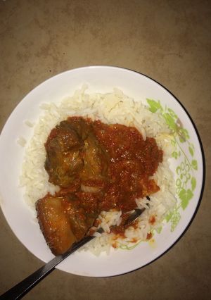 A picture of Pork stew with rice.