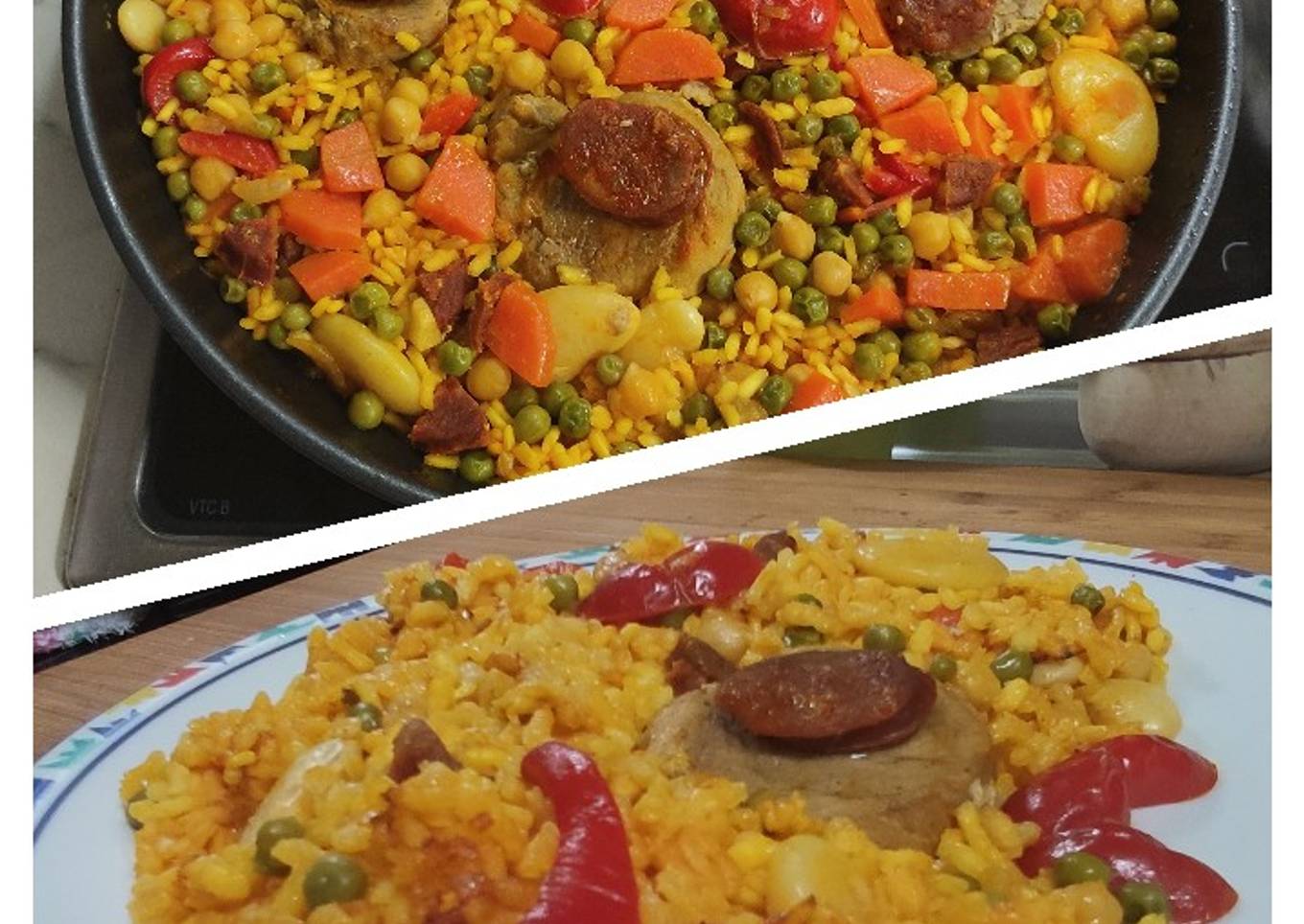 Arroz con solomillo de cerdo, chorizo y verduritas.🍚🐖🫑🍅🥕