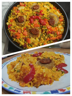 Una foto de Arroz con solomillo de cerdo, chorizo y verduritas.🍚🐖🫑🍅🥕