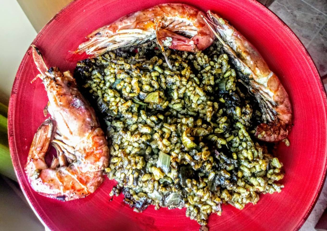 Arroz integral con gambones al Pedro Ximénez