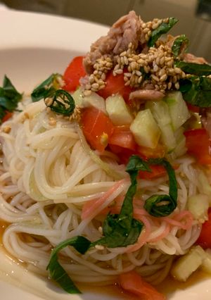 Una foto de Somen (fideos fríos japonés) con tuna, pepino y tomate