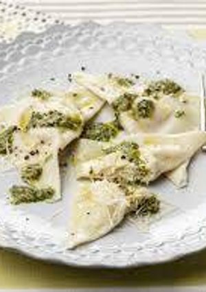 A picture of Four Cheese Ravioli with Herb Pesto.