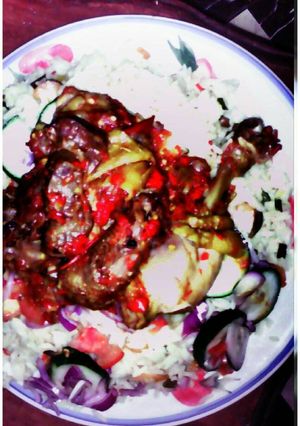 A picture of Lis turkey sauce with rice.