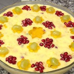 A picture of Vanilla Fruit Custard With Mango & Mango Jelly.