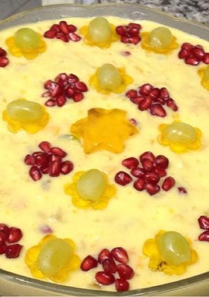A picture of Vanilla Fruit Custard With Mango & Mango Jelly.