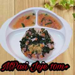 A picture of MPasi 10mos+ nasi tim daging+kale.