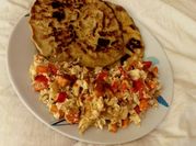 A picture of scrambled eggs and whiskey