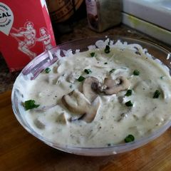 A picture of Cream of mushroom soup.