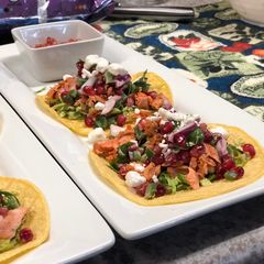 A picture of Grilled Salmon Tacos w/ Jalapeño Pomegranate Salsa.