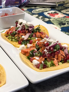 A picture of Grilled Salmon Tacos w/ Jalapeño Pomegranate Salsa.
