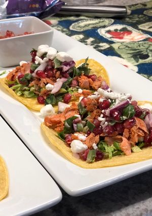 A picture of Grilled Salmon Tacos w/ Jalapeño Pomegranate Salsa.