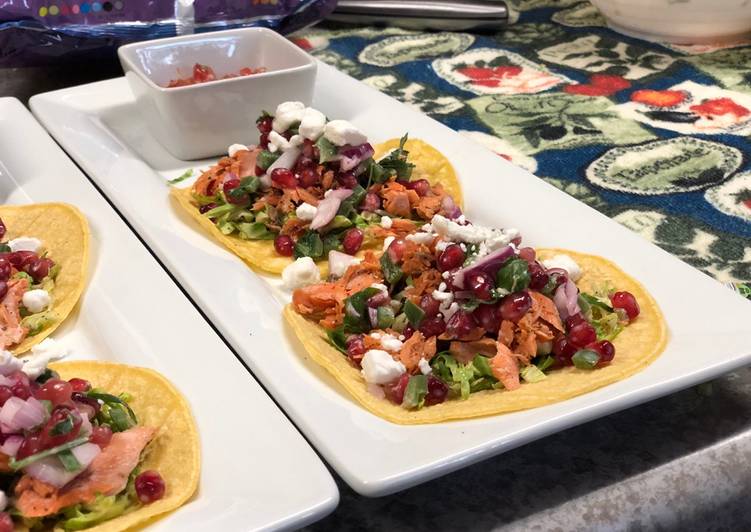 Grilled Salmon Tacos w/ Jalapeño Pomegranate Salsa