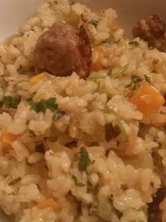 A picture of Beer Brats & Rice.