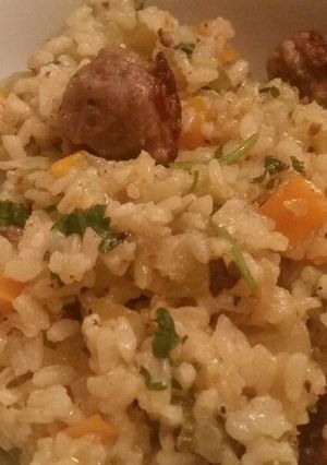 A picture of Beer Brats & Rice.