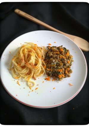 Una foto de Lenteja a las finas hierbas, guarnición. Spaghetti a la naranja