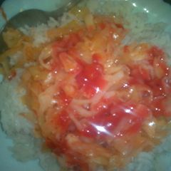A picture of Fried cabbage and rice.