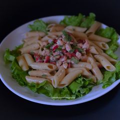 Shrimp in Mayo & Pasta Salad A picture of Shrimp in Mayo & Pasta Salad.