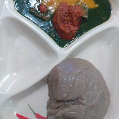 A picture of Amala, beans soup, ewedu and stew.