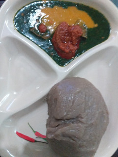A picture of Amala, beans soup, ewedu and stew.