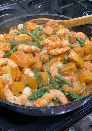 A picture of Ginataang Kalabasa with King Prawns.