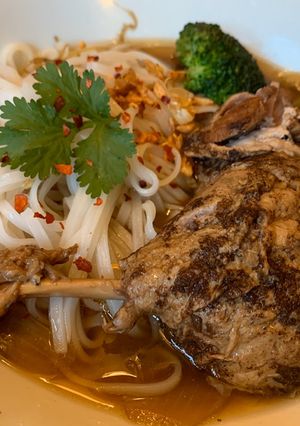 A picture of Slow cooker- duck with rice noodles.