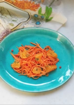 A picture of Carrot and orange "Amazake" salad.Sugar free.