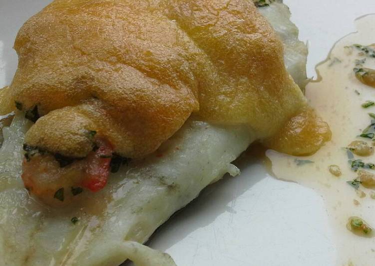 Rodaballo con costra de gambas al ajillo