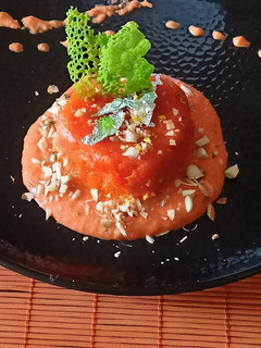 A picture of Carrot fudge In Carrot Phirni. #Shiv.