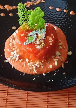 A picture of Carrot fudge In Carrot Phirni. #Shiv.
