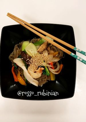 A picture of Haemul-Japchae - Sweet Potato Noodles with Seafood (Hamgeyeong-do).