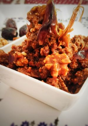 A picture of Walnut date halwa with crunchy walnut.
