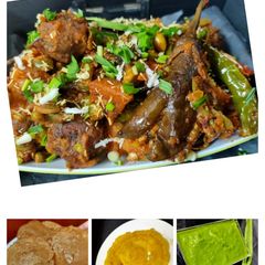 Winter special Gujarati lunch - Undhiyu, Puri, Jalebi, chutney A picture of Winter special Gujarati lunch - Undhiyu, Puri, Jalebi, chutney.